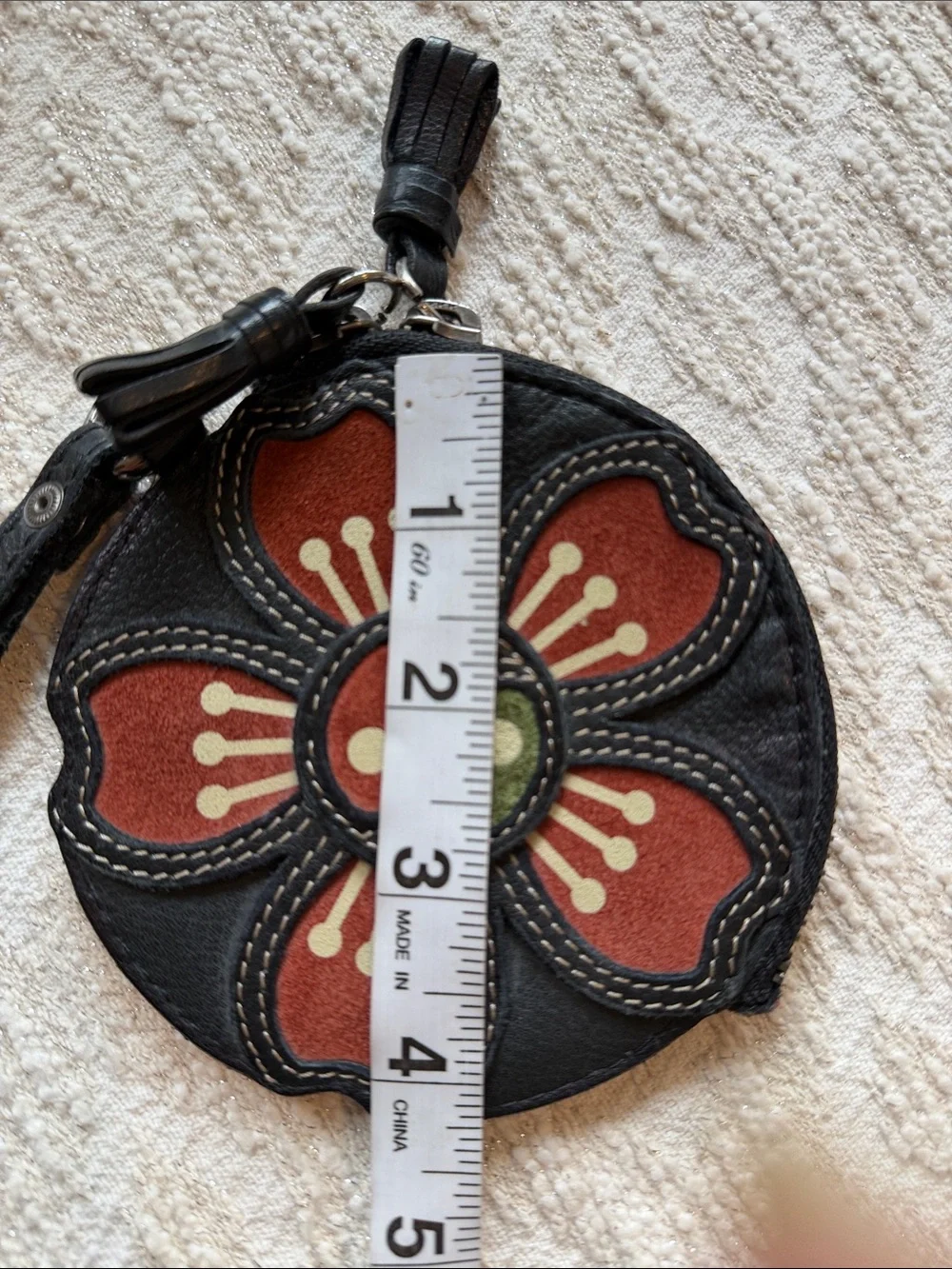 Lucky Brand Leather Boho Floral Appliqué Round Coin /Wristlet Purse